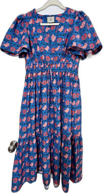 Tuckernut Mitchell Dress Retro Floral Blue Pink Flutter Sleeve Midi Small gently